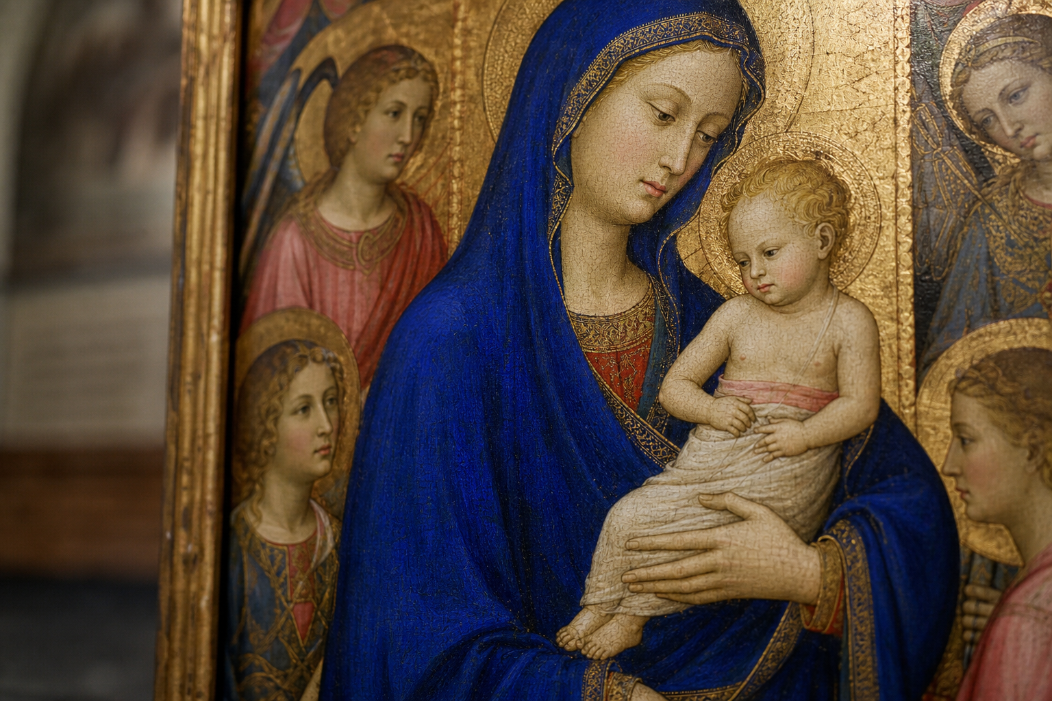 Medieval altarpiece detail showing Virgin Mary's vivid blue robe against gold background and darker figures.