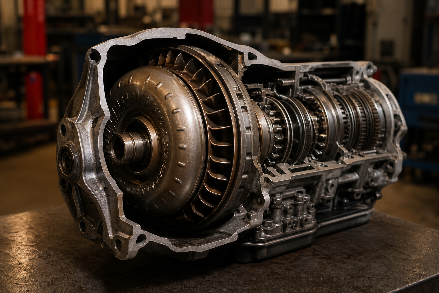 Close-up of transmission fluid flowing through torque converter components in an automatic gearbox assembly.