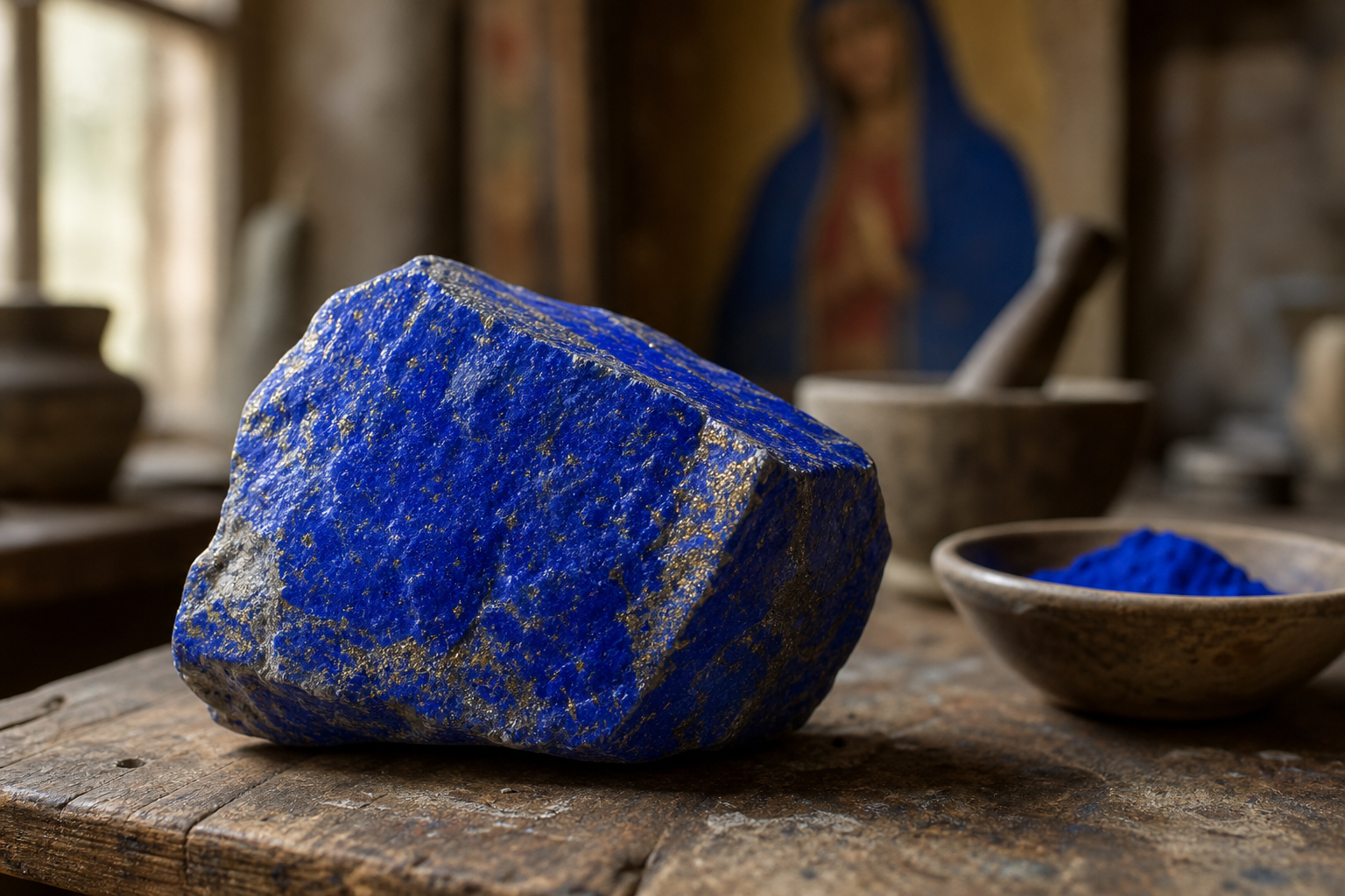 A medieval painter holds a small vial of deep blue pigment over a canvas, examining its precious contents.