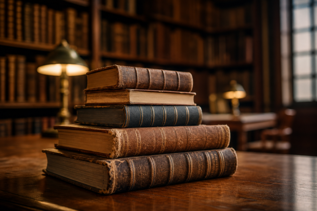 book in front of tall shelves of books
