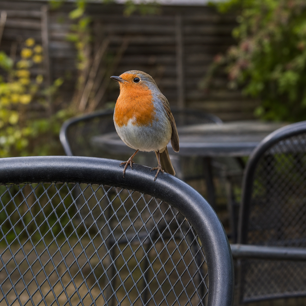 Robin perched on patio furniture