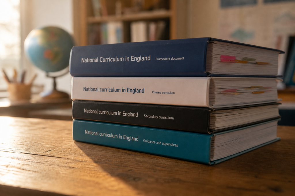 A printed curriculum document lies open on a desk alongside a pen and notebook, suggesting educational planning and policy work.