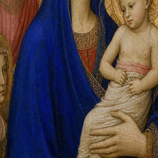 Medieval altarpiece detail showing Virgin Mary's vivid blue robe against gold background and darker figures. — detail