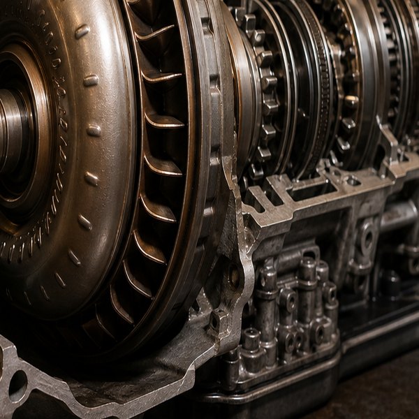 Close-up of transmission fluid flowing through torque converter components in an automatic gearbox assembly. — detail