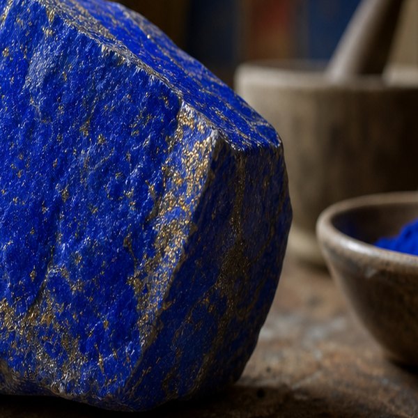 A medieval painter holds a small vial of deep blue pigment over a canvas, examining its precious contents. — detail