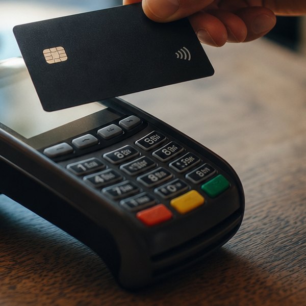 Person tapping contactless payment card — detail