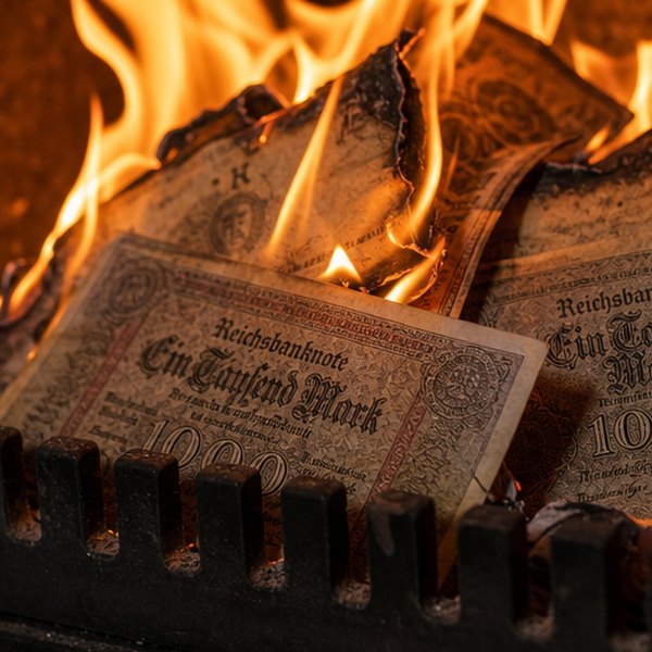 old notes burning on a fire — detail