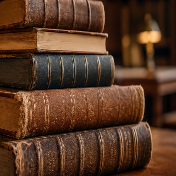 book in front of tall shelves of books — detail